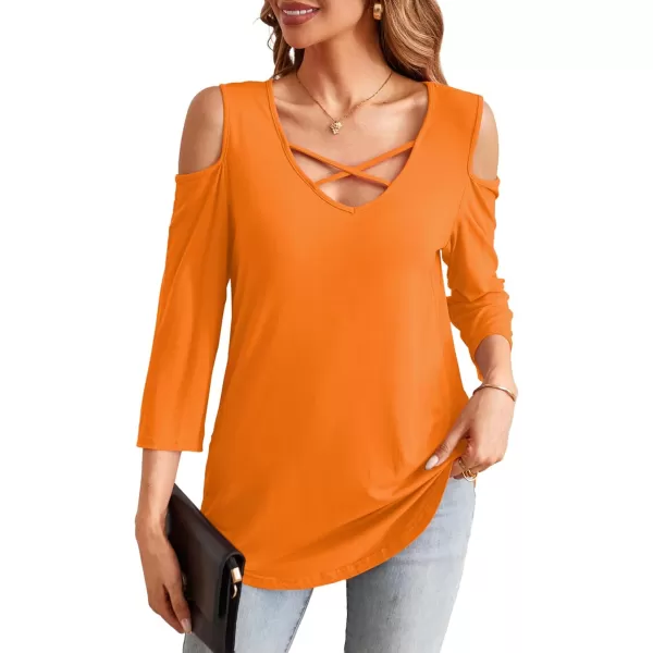 Amoretu Womens Summer Shirts 34 Long Sleeve V Neck Criss Cross Cold Shoulder Tops BlouseOrange