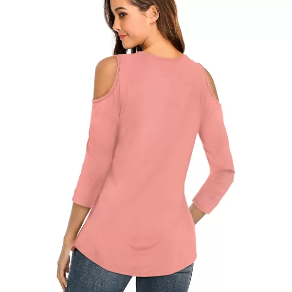 Amoretu Womens Summer Shirts 34 Long Sleeve V Neck Criss Cross Cold Shoulder Tops BlousePink