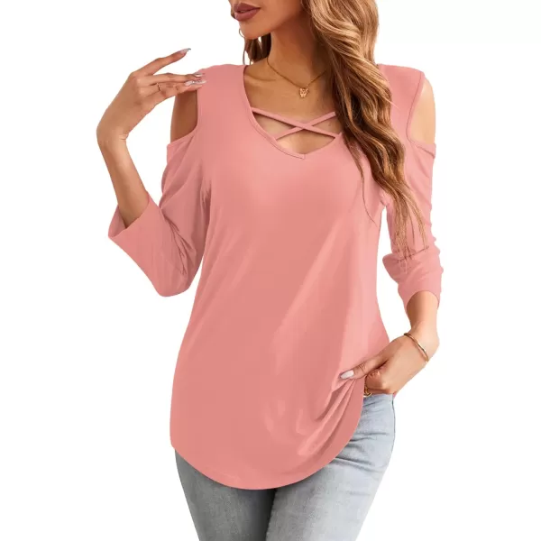 Amoretu Womens Summer Shirts 34 Long Sleeve V Neck Criss Cross Cold Shoulder Tops BlousePink