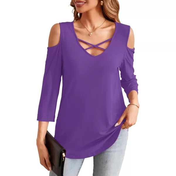 Amoretu Womens Summer Shirts 34 Long Sleeve V Neck Criss Cross Cold Shoulder Tops BlousePurple
