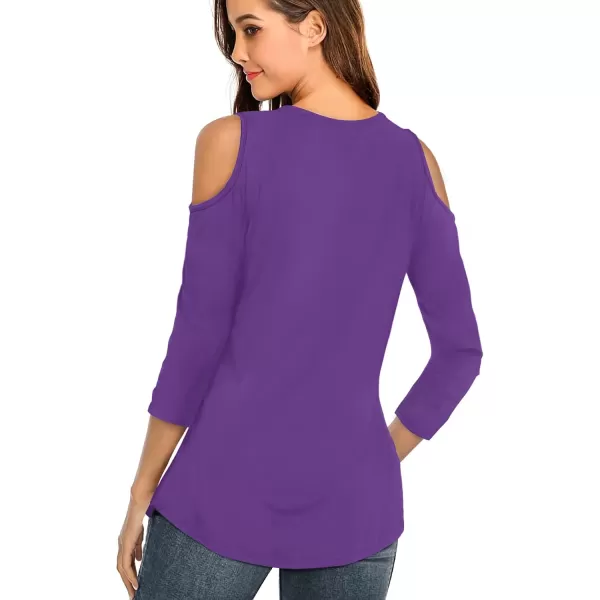 Amoretu Womens Summer Shirts 34 Long Sleeve V Neck Criss Cross Cold Shoulder Tops BlousePurple