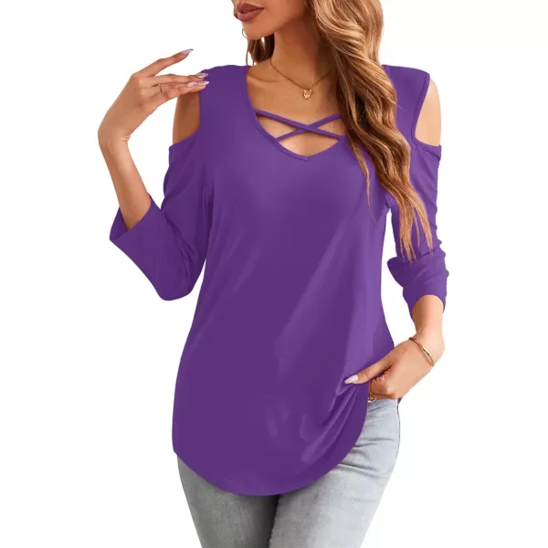 Amoretu Womens Summer Shirts 34 Long Sleeve V Neck Criss Cross Cold Shoulder Tops BlousePurple