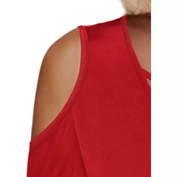 Amoretu Womens Summer Shirts 34 Long Sleeve V Neck Criss Cross Cold Shoulder Tops BlouseRed