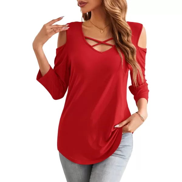 Amoretu Womens Summer Shirts 34 Long Sleeve V Neck Criss Cross Cold Shoulder Tops BlouseRed