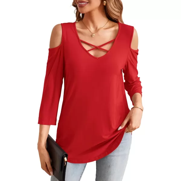 Amoretu Womens Summer Shirts 34 Long Sleeve V Neck Criss Cross Cold Shoulder Tops BlouseRed