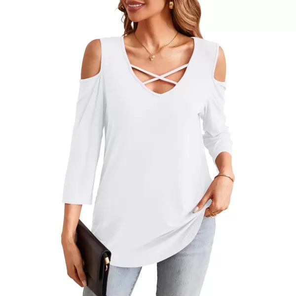 Amoretu Womens Summer Shirts 34 Long Sleeve V Neck Criss Cross Cold Shoulder Tops BlouseWhite