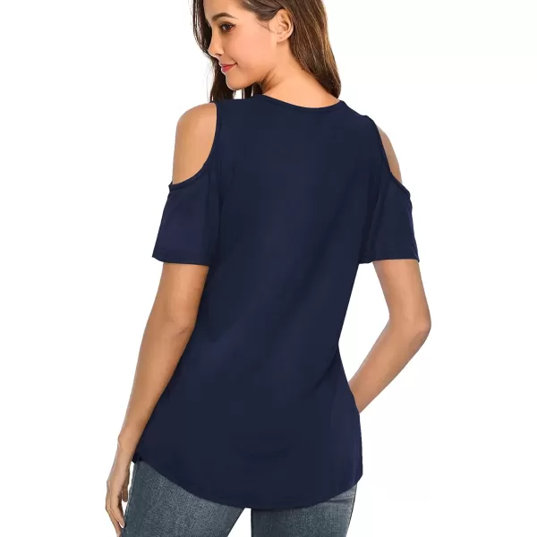Amoretu Womens Summer Shirts V Neck Criss Cross Cold Shoulder Tops BlouseNavy Blue