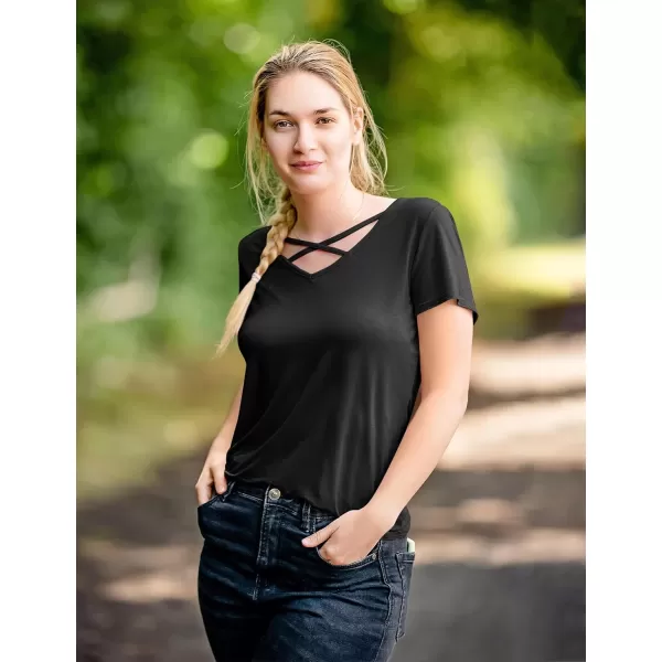 Amoretu Womens Summer Tops V Neck Criss Cross Short Sleeve Basic Plain Tee TShirtBlack