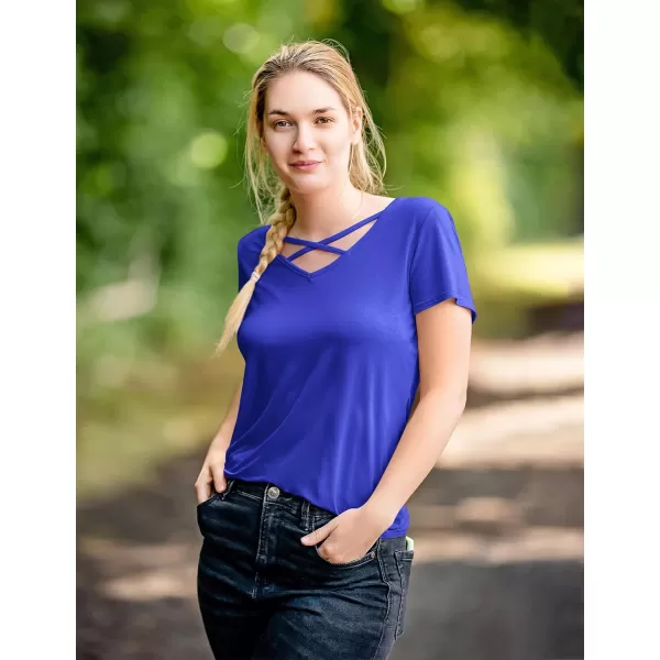 Amoretu Womens Summer Tops V Neck Criss Cross Short Sleeve Basic Plain Tee TShirtBlue