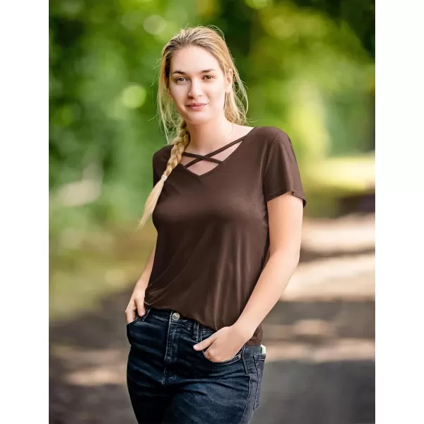 Amoretu Womens Summer Tops V Neck Criss Cross Short Sleeve Basic Plain Tee TShirtBrown