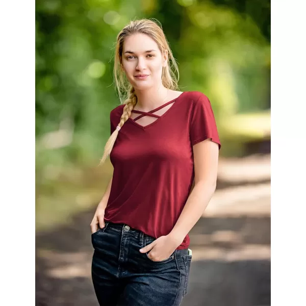 Amoretu Womens Summer Tops V Neck Criss Cross Short Sleeve Basic Plain Tee TShirtBurgundy