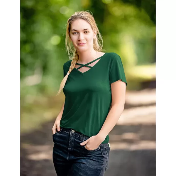 Amoretu Womens Summer Tops V Neck Criss Cross Short Sleeve Basic Plain Tee TShirtDark Green