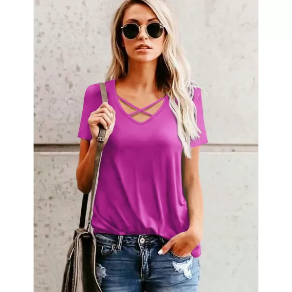 Amoretu Womens Summer Tops V Neck Criss Cross Short Sleeve Basic Plain Tee TShirtFuschia
