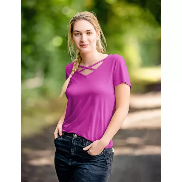 Amoretu Womens Summer Tops V Neck Criss Cross Short Sleeve Basic Plain Tee TShirtFuschia