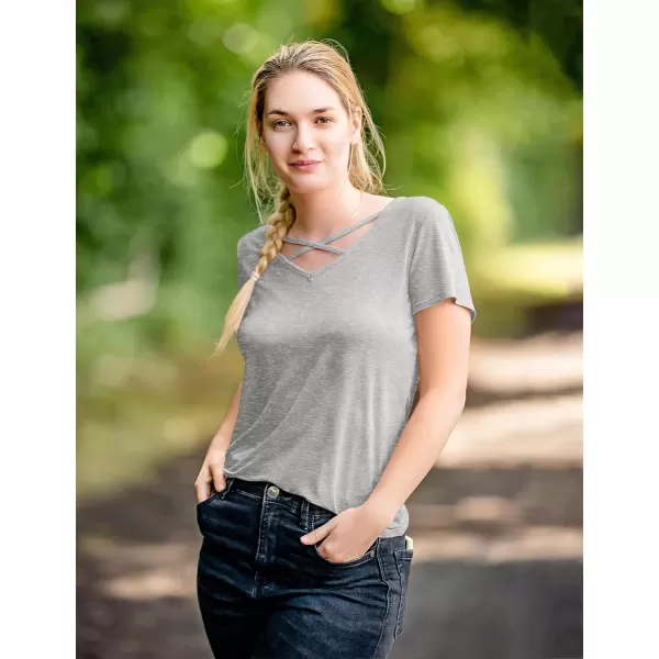 Amoretu Womens Summer Tops V Neck Criss Cross Short Sleeve Basic Plain Tee TShirtGray