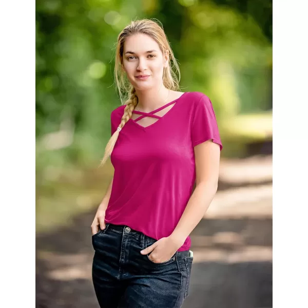 Amoretu Womens Summer Tops V Neck Criss Cross Short Sleeve Basic Plain Tee TShirtHot Pink