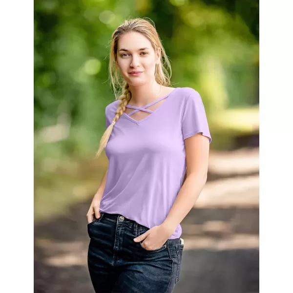 Amoretu Womens Summer Tops V Neck Criss Cross Short Sleeve Basic Plain Tee TShirtLavender