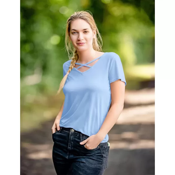 Amoretu Womens Summer Tops V Neck Criss Cross Short Sleeve Basic Plain Tee TShirtLight Blue