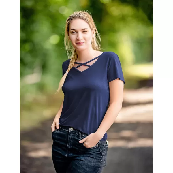 Amoretu Womens Summer Tops V Neck Criss Cross Short Sleeve Basic Plain Tee TShirtNavy Blue