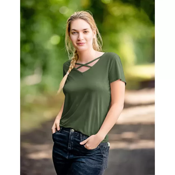 Amoretu Womens Summer Tops V Neck Criss Cross Short Sleeve Basic Plain Tee TShirtOlive Green