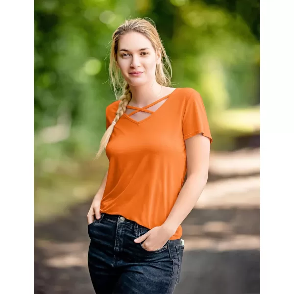 Amoretu Womens Summer Tops V Neck Criss Cross Short Sleeve Basic Plain Tee TShirtOrange
