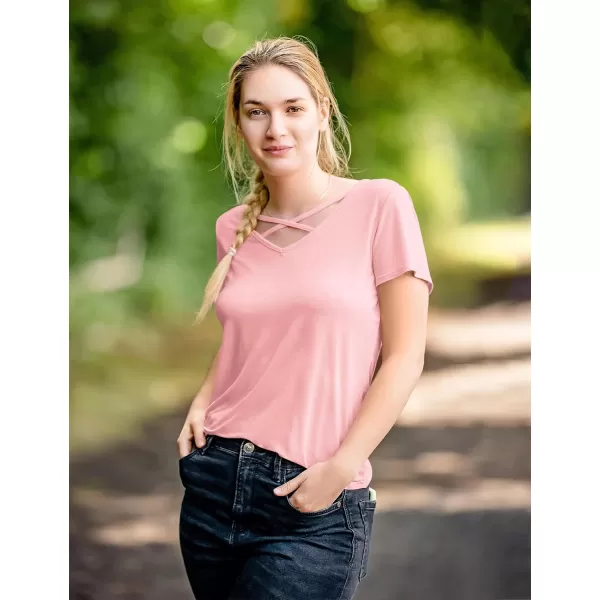 Amoretu Womens Summer Tops V Neck Criss Cross Short Sleeve Basic Plain Tee TShirtPink