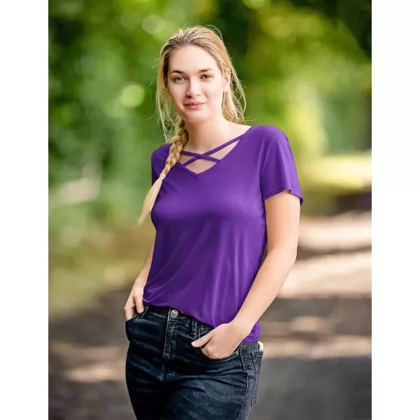 Amoretu Womens Summer Tops V Neck Criss Cross Short Sleeve Basic Plain Tee TShirtPurple