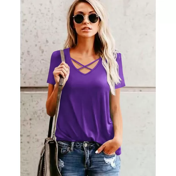 Amoretu Womens Summer Tops V Neck Criss Cross Short Sleeve Basic Plain Tee TShirtPurple