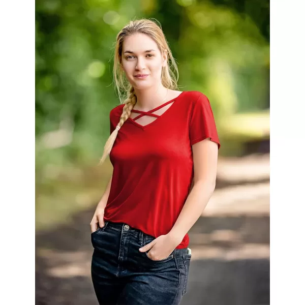 Amoretu Womens Summer Tops V Neck Criss Cross Short Sleeve Basic Plain Tee TShirtRed