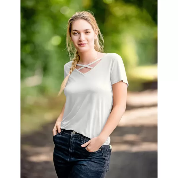 Amoretu Womens Summer Tops V Neck Criss Cross Short Sleeve Basic Plain Tee TShirtWhite
