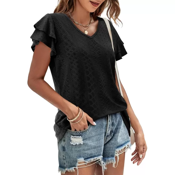 Amoretu Womens Summer Tops V Neck Ruffle Short Sleeve T Shirts Eyelet Loose FitBlack