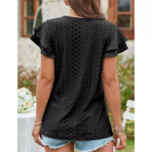 Amoretu Womens Summer Tops V Neck Ruffle Short Sleeve T Shirts Eyelet Loose FitBlack