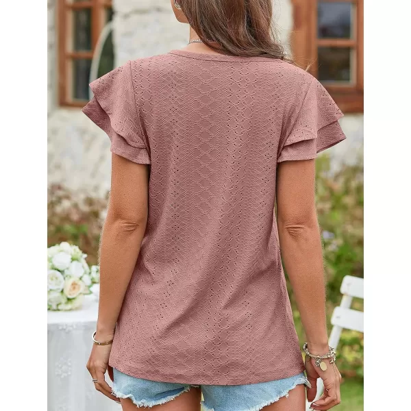 Amoretu Womens Summer Tops V Neck Ruffle Short Sleeve T Shirts Eyelet Loose FitCameo
