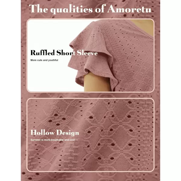 Amoretu Womens Summer Tops V Neck Ruffle Short Sleeve T Shirts Eyelet Loose FitCameo