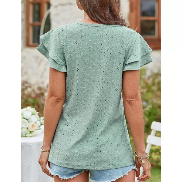 Amoretu Womens Summer Tops V Neck Ruffle Short Sleeve T Shirts Eyelet Loose FitMint Green