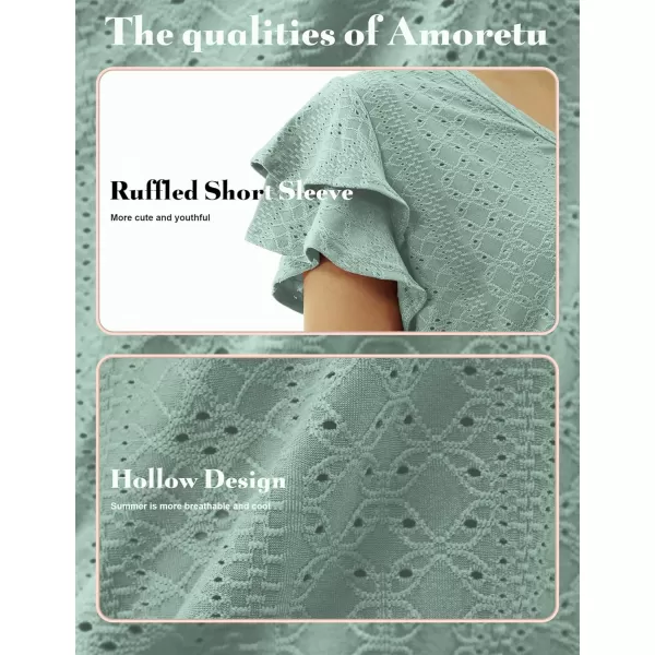 Amoretu Womens Summer Tops V Neck Ruffle Short Sleeve T Shirts Eyelet Loose FitMint Green