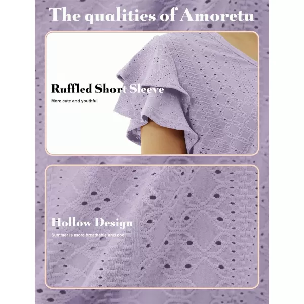 Amoretu Womens Summer Tops V Neck Ruffle Short Sleeve T Shirts Eyelet Loose FitPurple