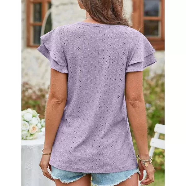 Amoretu Womens Summer Tops V Neck Ruffle Short Sleeve T Shirts Eyelet Loose FitPurple