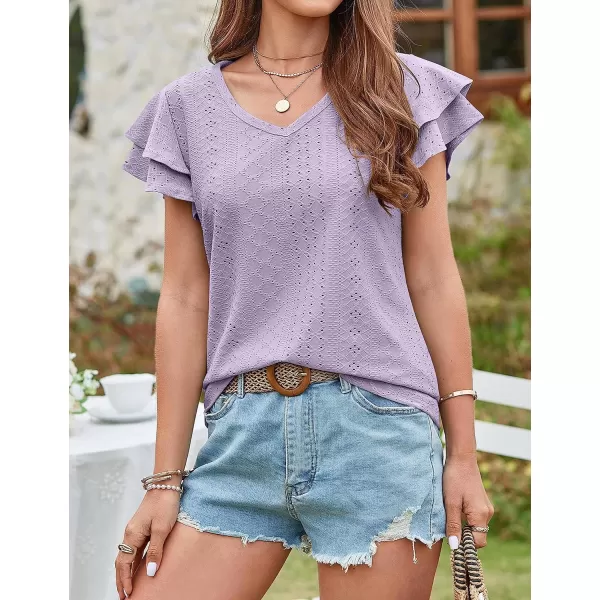 Amoretu Womens Summer Tops V Neck Ruffle Short Sleeve T Shirts Eyelet Loose FitPurple
