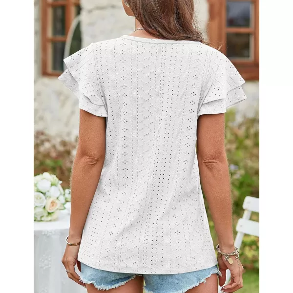 Amoretu Womens Summer Tops V Neck Ruffle Short Sleeve T Shirts Eyelet Loose FitWhite