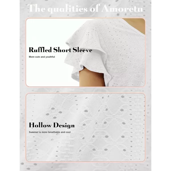 Amoretu Womens Summer Tops V Neck Ruffle Short Sleeve T Shirts Eyelet Loose FitWhite