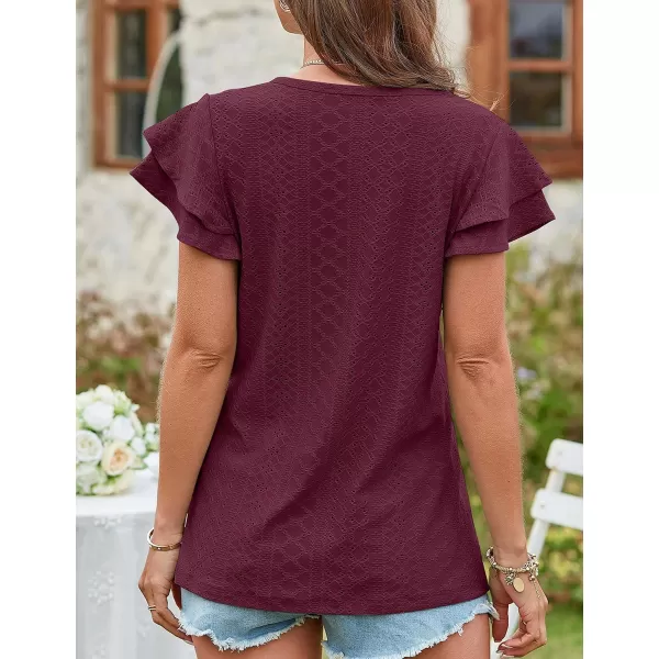 Amoretu Womens Summer Tops V Neck Ruffle Short Sleeve T Shirts Eyelet Loose FitWine Red