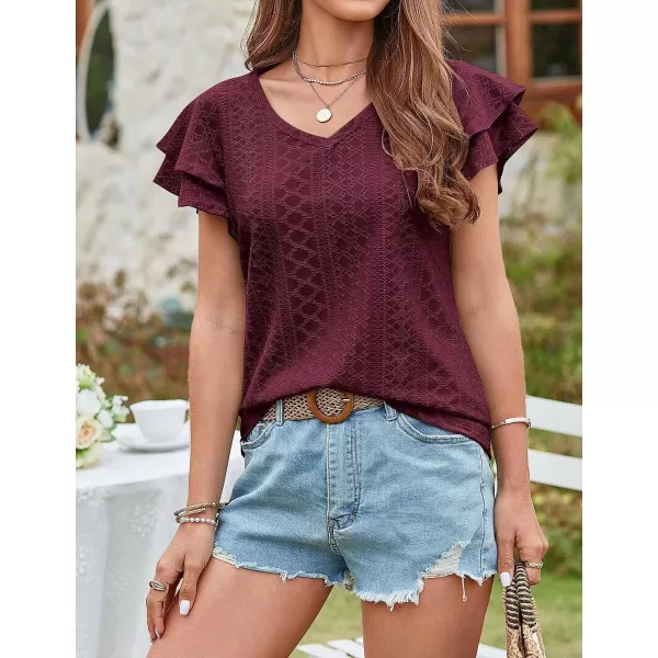 Amoretu Womens Summer Tops V Neck Ruffle Short Sleeve T Shirts Eyelet Loose FitWine Red