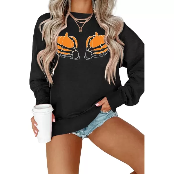 Amoretu Womens Sweatshirts Skeleton Funny Graphic Casual Long Sleeve Top Novelty Horror Pullover ShirtsBlackOrange Pumpkin