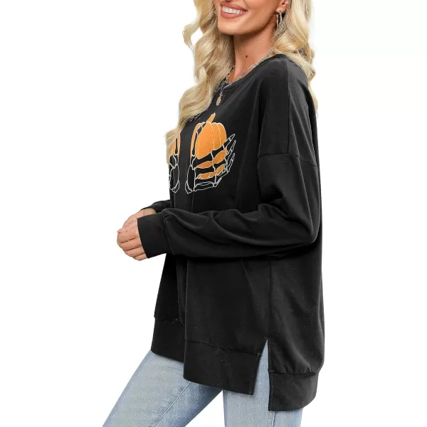 Amoretu Womens Sweatshirts Skeleton Funny Graphic Casual Long Sleeve Top Novelty Horror Pullover ShirtsBlackOrange Pumpkin