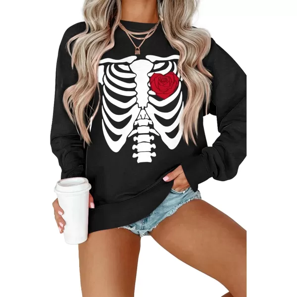 Amoretu Womens Sweatshirts Skeleton Funny Graphic Casual Long Sleeve Top Novelty Horror Pullover ShirtsBlackWhite Skull