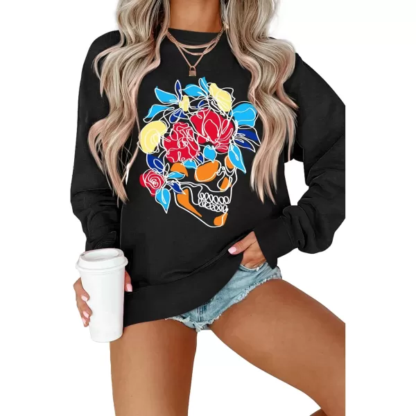 Amoretu Womens Sweatshirts Skeleton Funny Graphic Casual Long Sleeve Top Novelty Horror Pullover ShirtsBlackWhiteRed Skull Flower