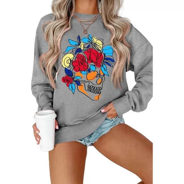 Amoretu Womens Sweatshirts Skeleton Funny Graphic Casual Long Sleeve Top Novelty Horror Pullover ShirtsGrayRed Skull Flower