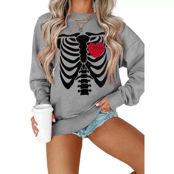 Amoretu Womens Sweatshirts Skeleton Funny Graphic Casual Long Sleeve Top Novelty Horror Pullover ShirtsGreyBlack Skull