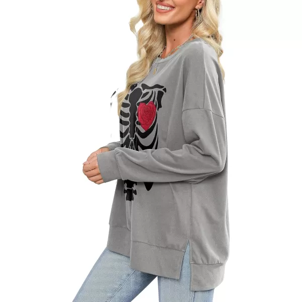 Amoretu Womens Sweatshirts Skeleton Funny Graphic Casual Long Sleeve Top Novelty Horror Pullover ShirtsGreyBlack Skull